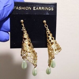 Women's Gold-tone Filigree Cone Shape Design Beaded Drop Dangle Earrings, #3